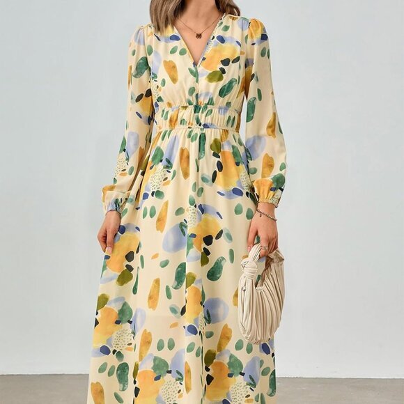 New Fall Women's Boho Maxi Dress Long Sleeve, V Neck, Printed, Flowy Beach Style - Picture 3 of 5